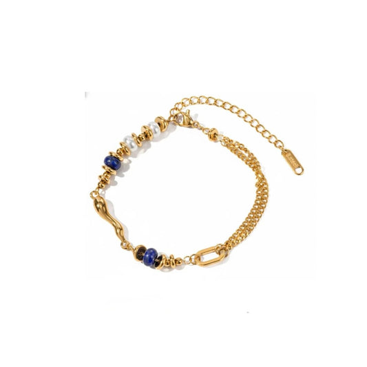 Chic Gold Plated Stainless Steel Double Chain Bracelet With Pearl & Blue Stones