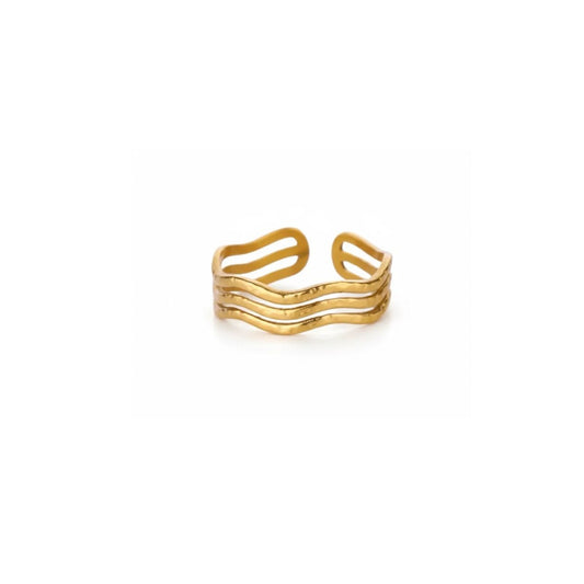 18k Gold Plated Stainless Steel Wavy Triple Row Adjustable Band Ring