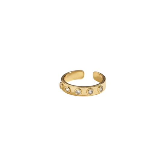 Gold Plated Adjustable Ring Bezel Set Cubic Zirconia Open Cuff Stackable Band
