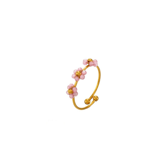 Gold Tone Stainless Steel Pink Glass Stones Flower Beaded Adjustable Ring