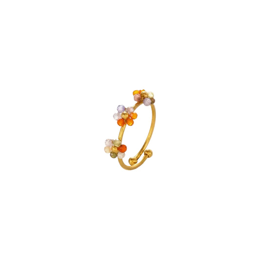 Gold Tone Stainless Steel Multicoloured Glass Flower Beaded Adjustable Ring