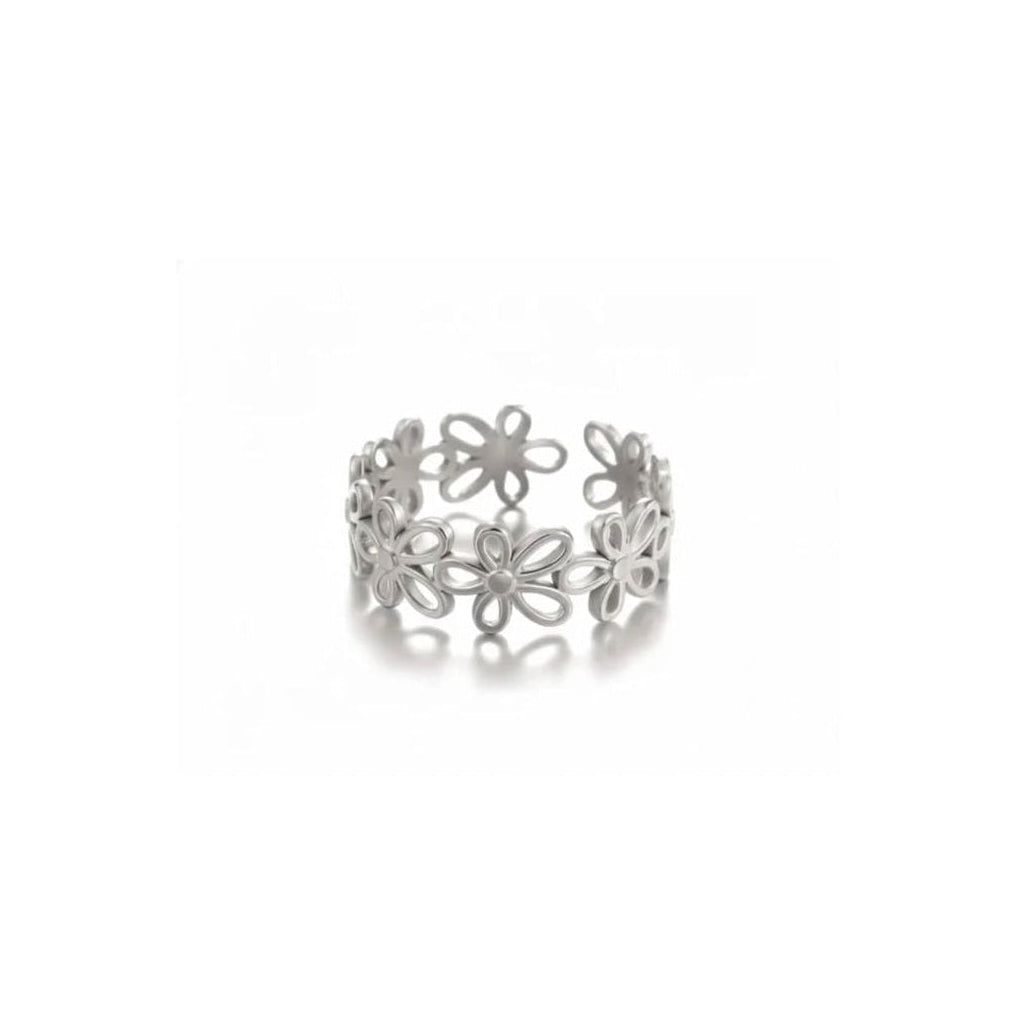 Silver Stainless Steel Daisy Cutout Floral Ring Band