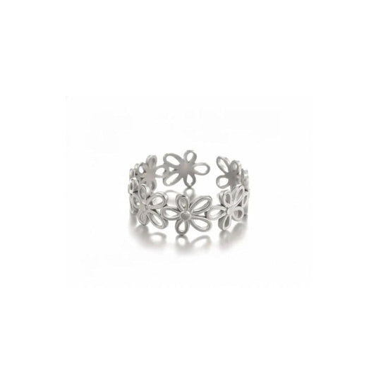 Silver Stainless Steel Daisy Cutout Floral Ring Band