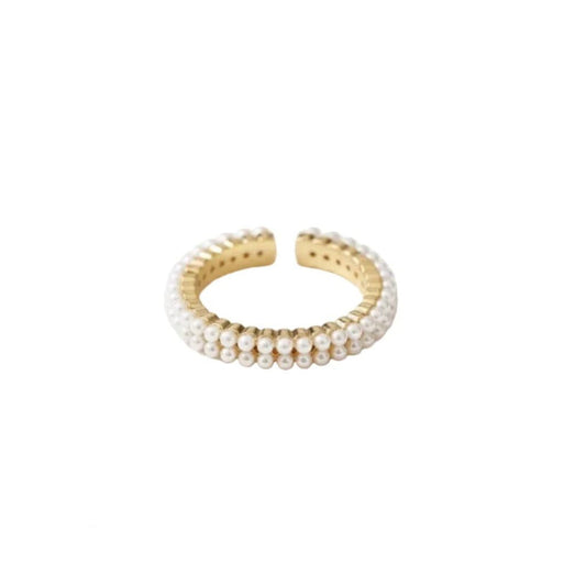 Gold Plated Copper Double Row Pearls Stackable Adjustable Ring Band