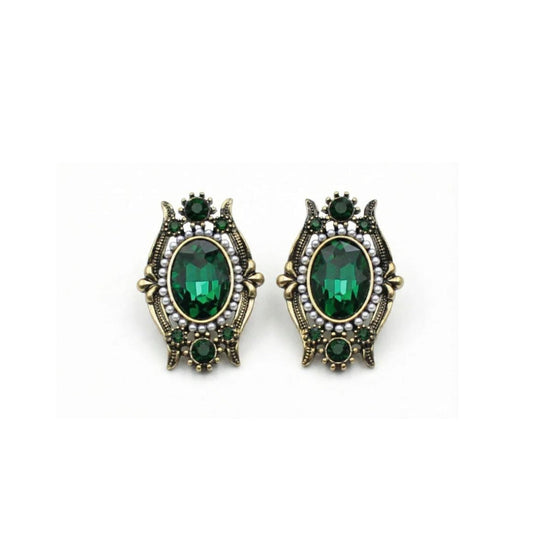 Vintage Baroque Style Emerald Green Crystal Faux Pearls Earrings Antique Gold