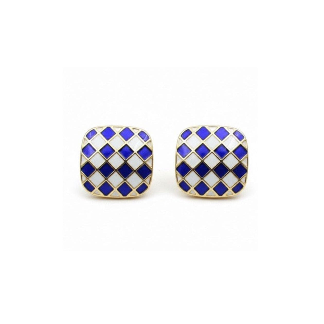 Gold Tone Blue White Checkerboard Enamel Stud Earrings