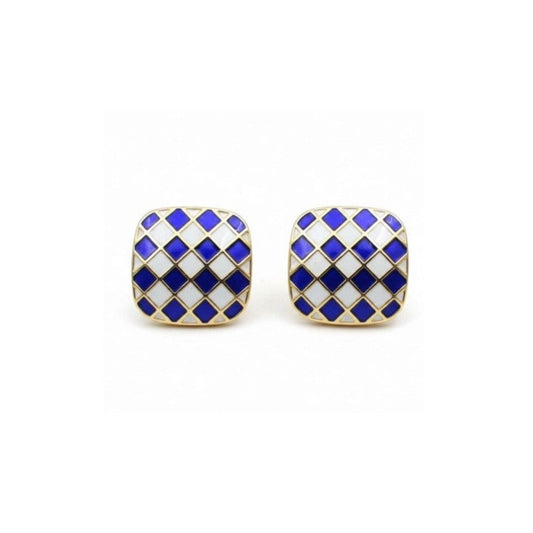Gold Tone Blue White Checkerboard Enamel Stud Earrings
