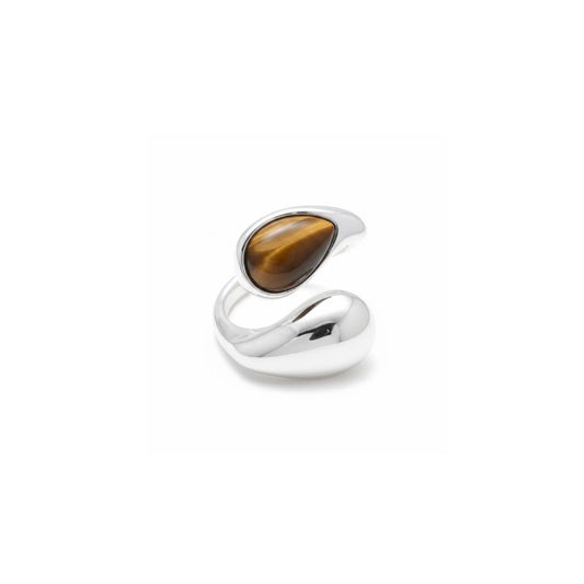 Silver Stainless Steel Wrap Tiger Eye Stone Statement Ring