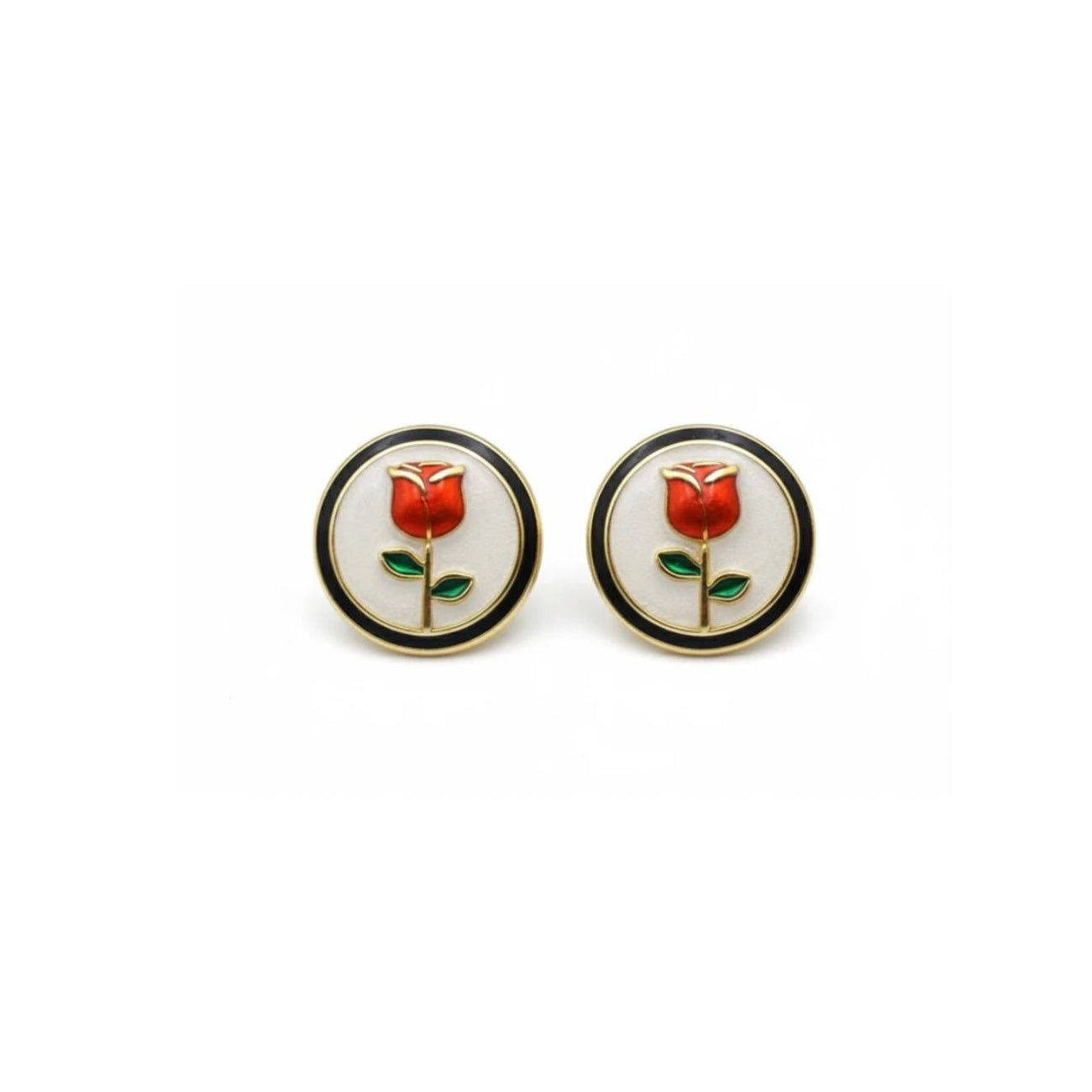 Vintage Red Rose Enamel Gold Tone Round Flower Stud Earrings