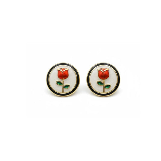 Vintage Red Rose Enamel Gold Tone Round Flower Stud Earrings