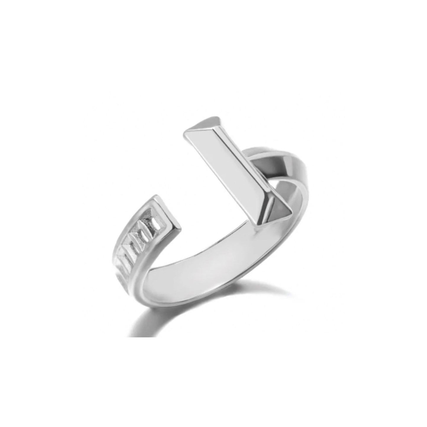 Silver Plated Geometric Open Cuff T-Bar Adjustable Ring
