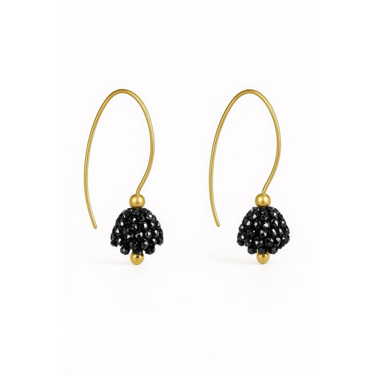 Handmade Black Flower Beaded Hook Gold Plated Earrings