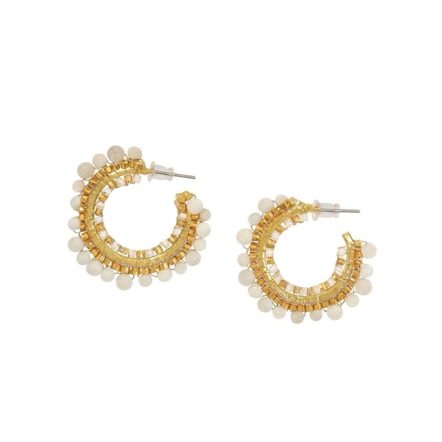 Handmade Ivory White Beaded Hoop Gold Plated Earrings