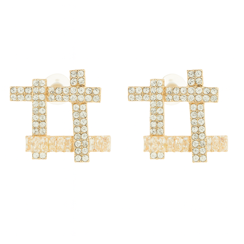 Gold Rhinestones Hashtag Stud Earrings