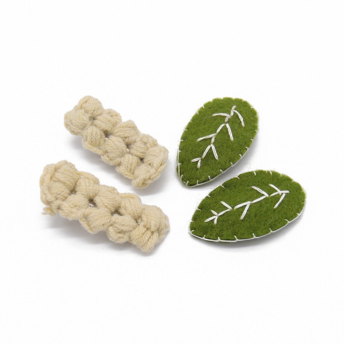 Green Leaves And Beige Crochet 4 Piece Hairpieces Set