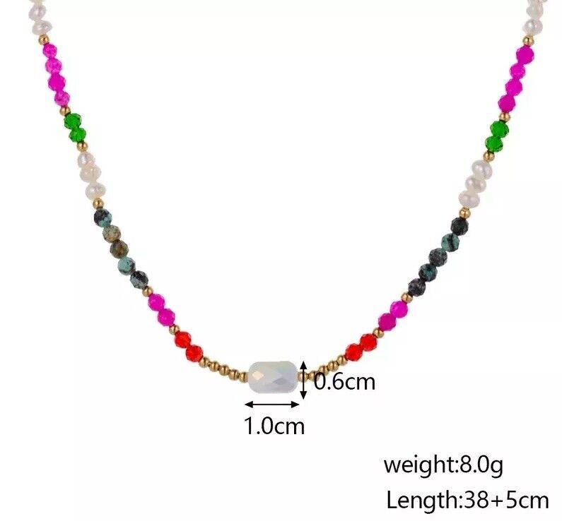 Multicolored Beaded Natural Stones, Pearls Stainless Steel Necklace