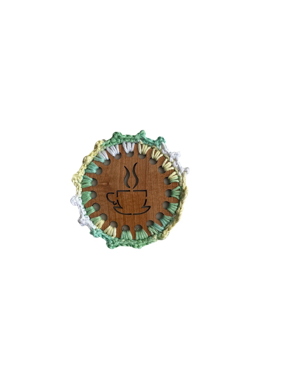 Mint Green Handmade Crochet And Wood Coffee Round Coaster Set