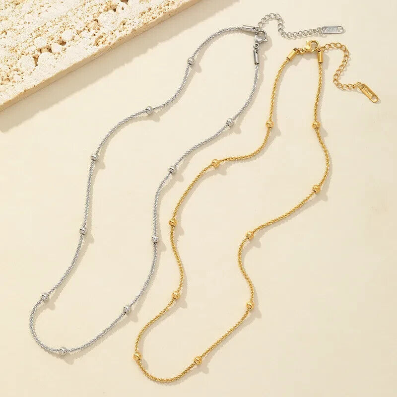 Plain Silver Plated Stainless Steel Chain Round Beads Necklace