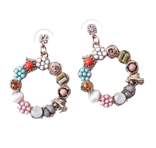 Multicolour Beaded Round Floral Drop Earrings