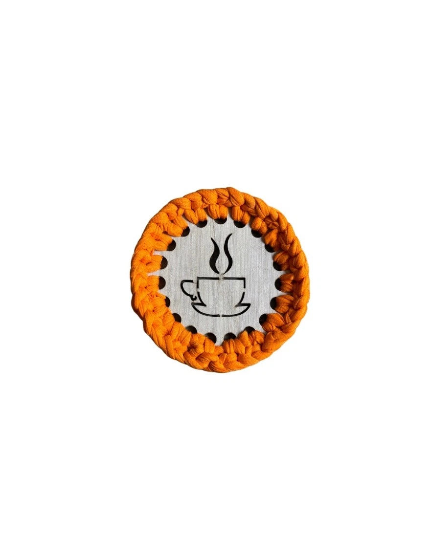 Orange Handmade Crochet And Wood Coffee Round Coaster Set
