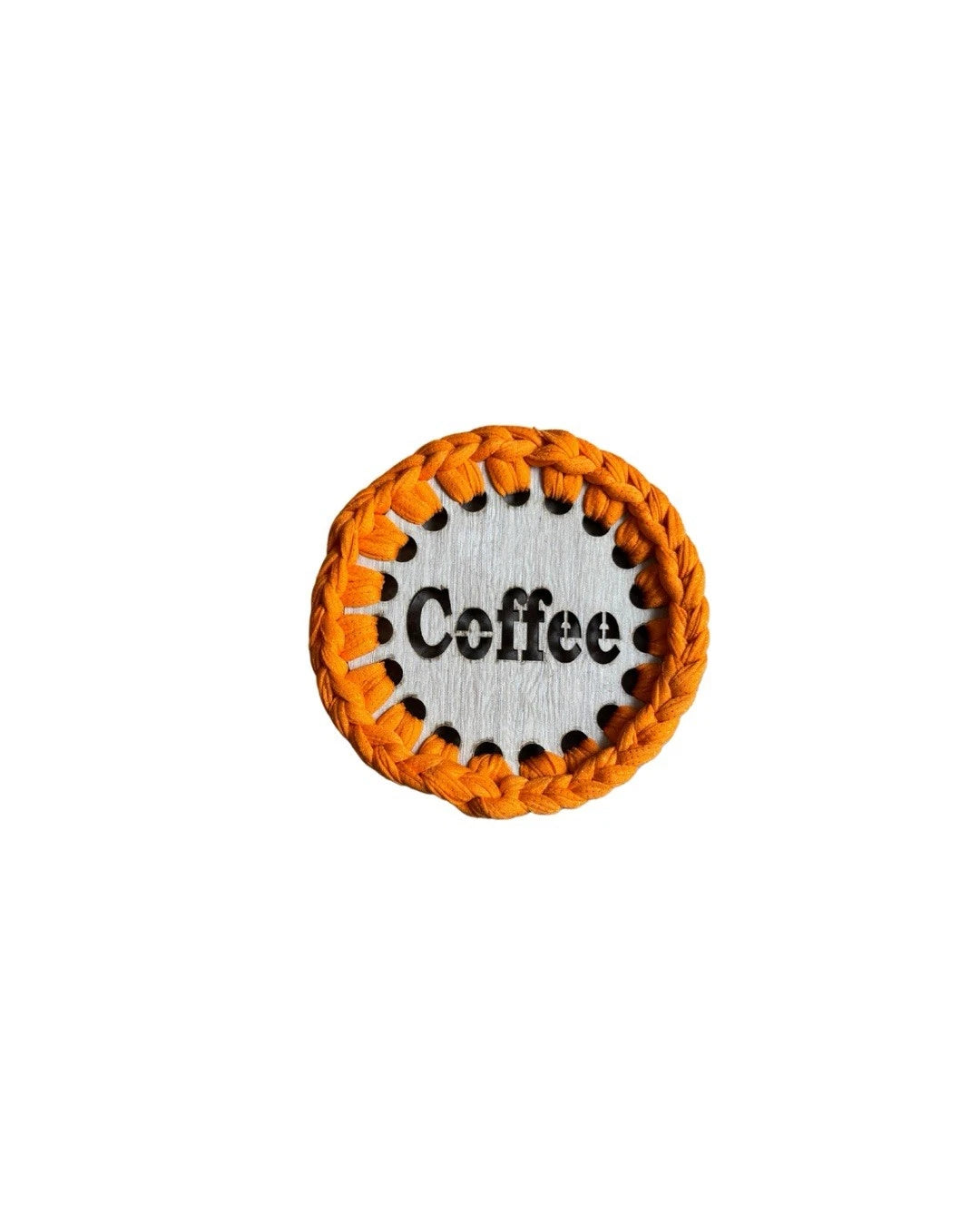 Orange Handmade Crochet And Wood Coffee Round Coaster Set