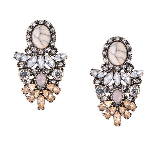 Beige And Grey Rhinestones Ethnic Earrings