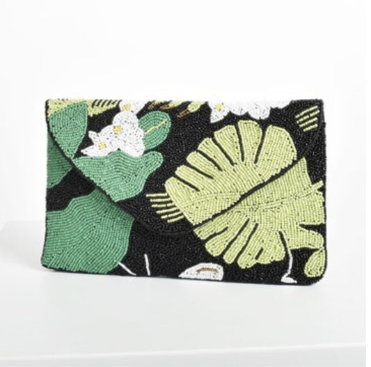 Handmade beaded Green Leaves Clutch