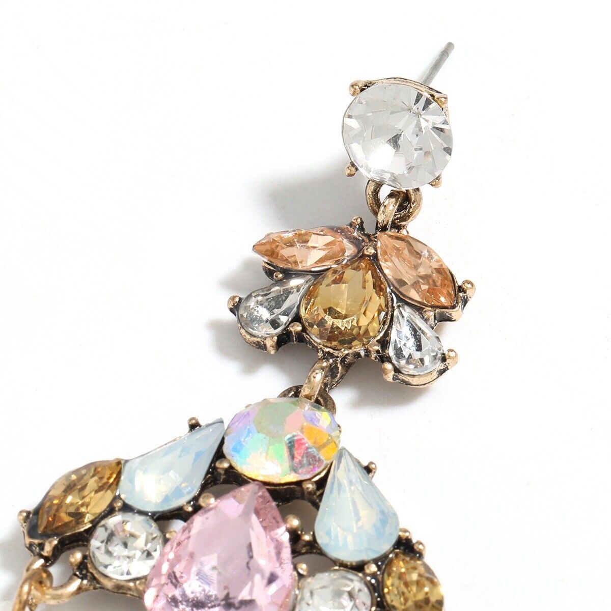 Pink And Beige Rhinestones Chandelier Teardrop Earrings
