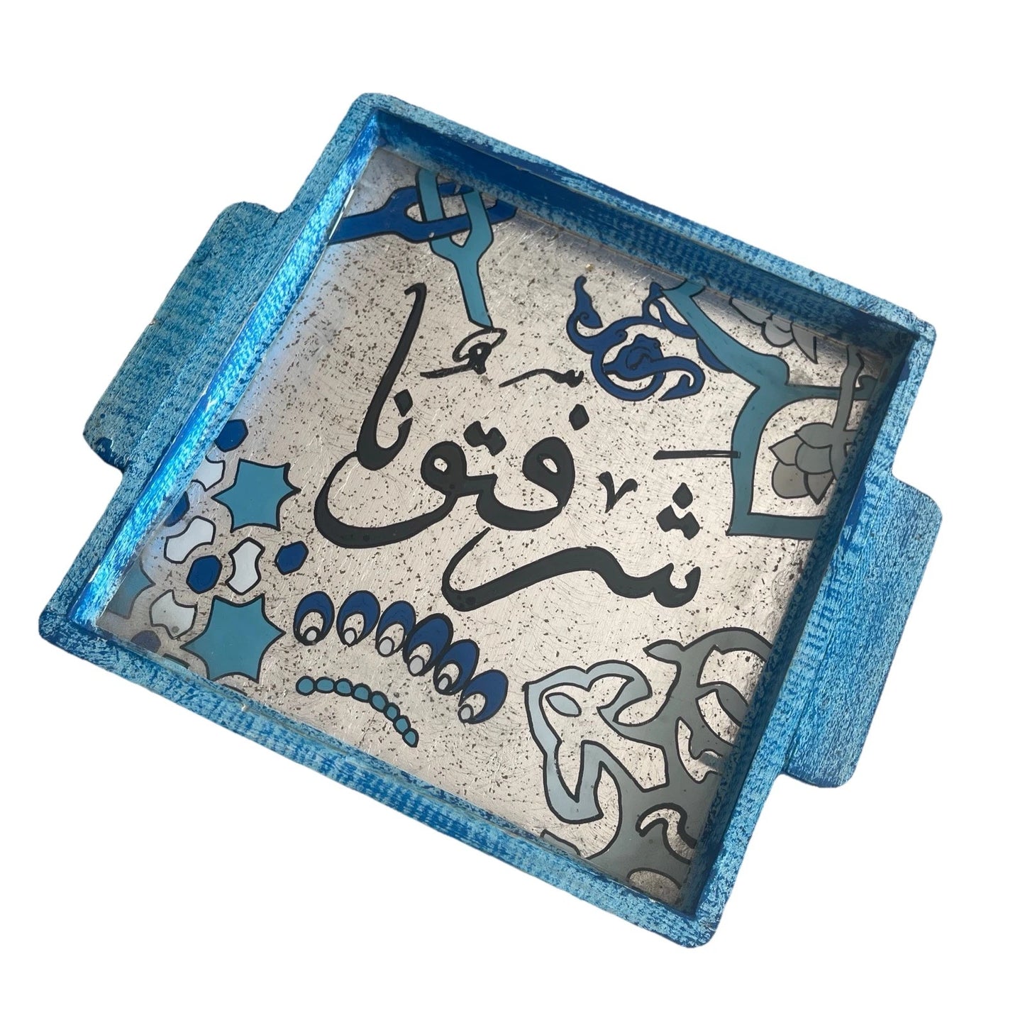 Handmade Wooden Glass Mediterranean Welcome Arabic Writings Blue Squared Tray