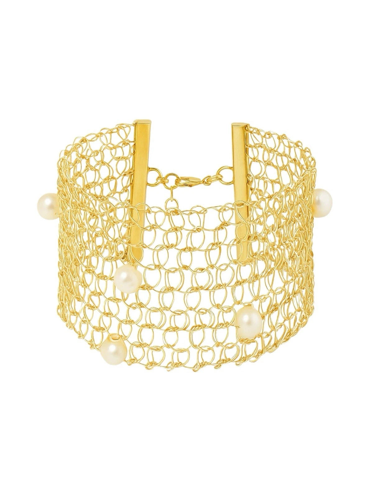 Gold Plated Wide Extended Handmade Wired Precious Pearls Bracelet