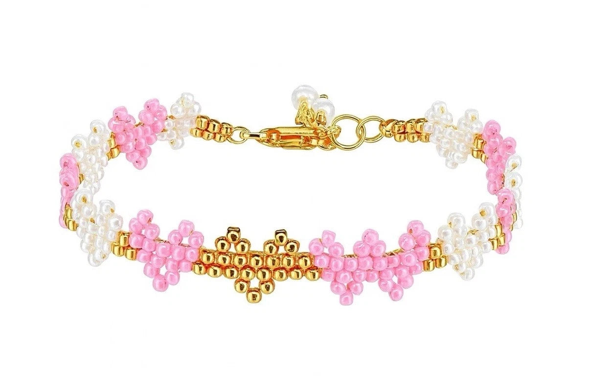 Pink White And Gold Hearts Handmade Beaded Bracelet