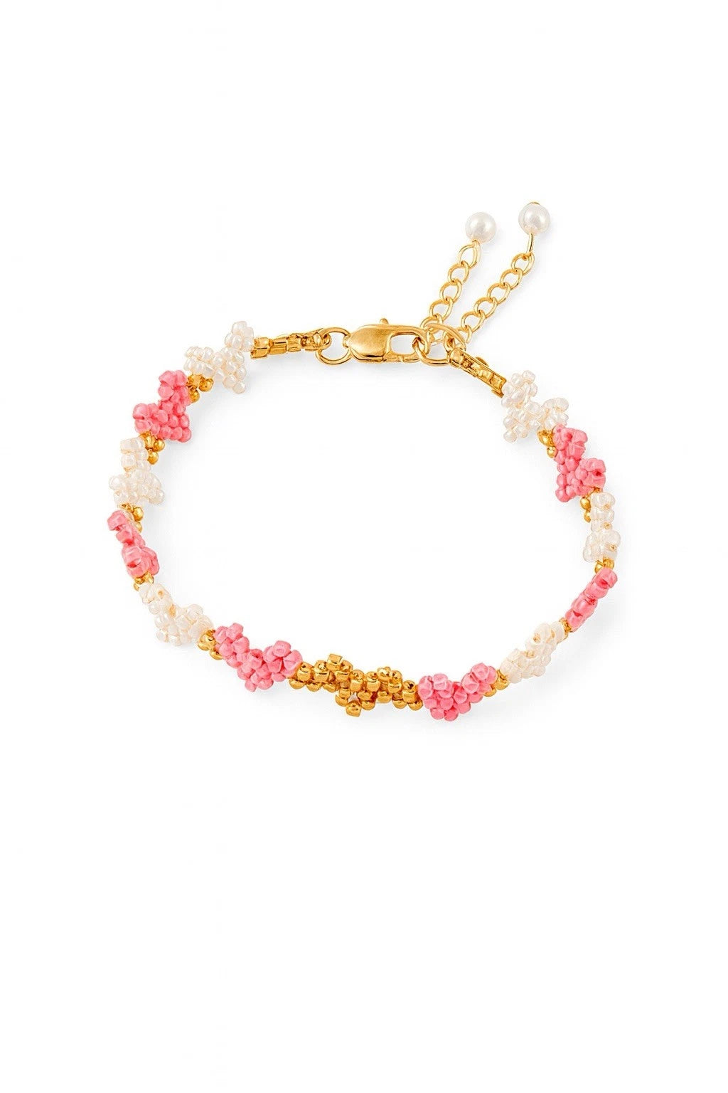 Pink White And Gold Hearts Handmade Beaded Bracelet