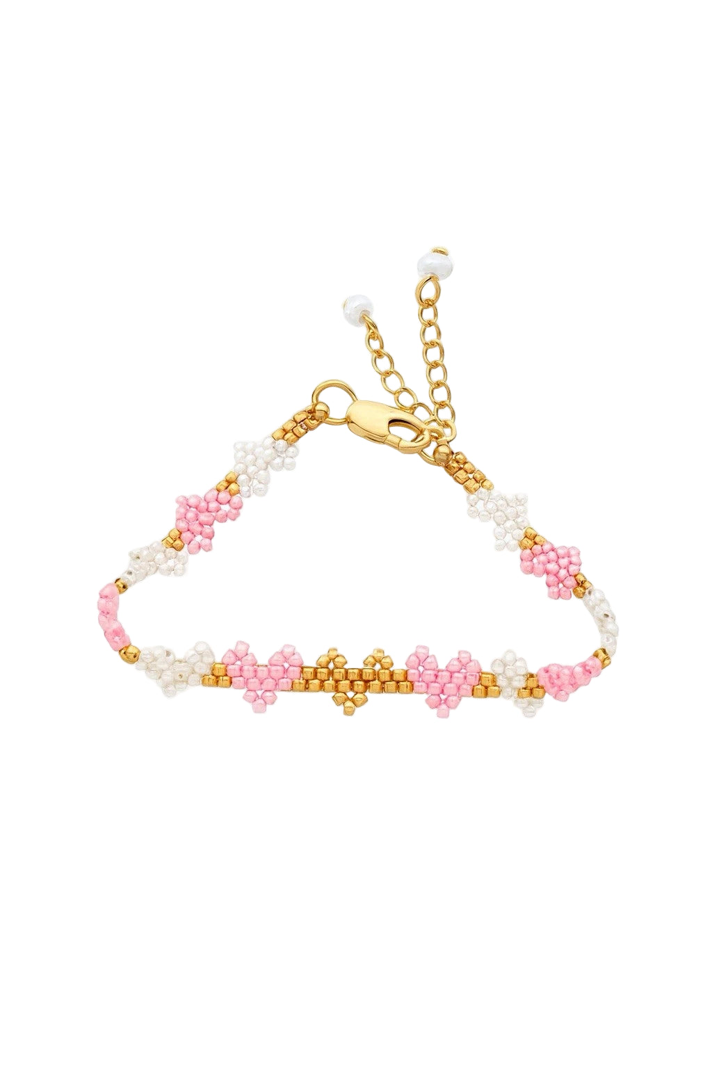 Pink White And Gold Hearts Handmade Beaded Bracelet