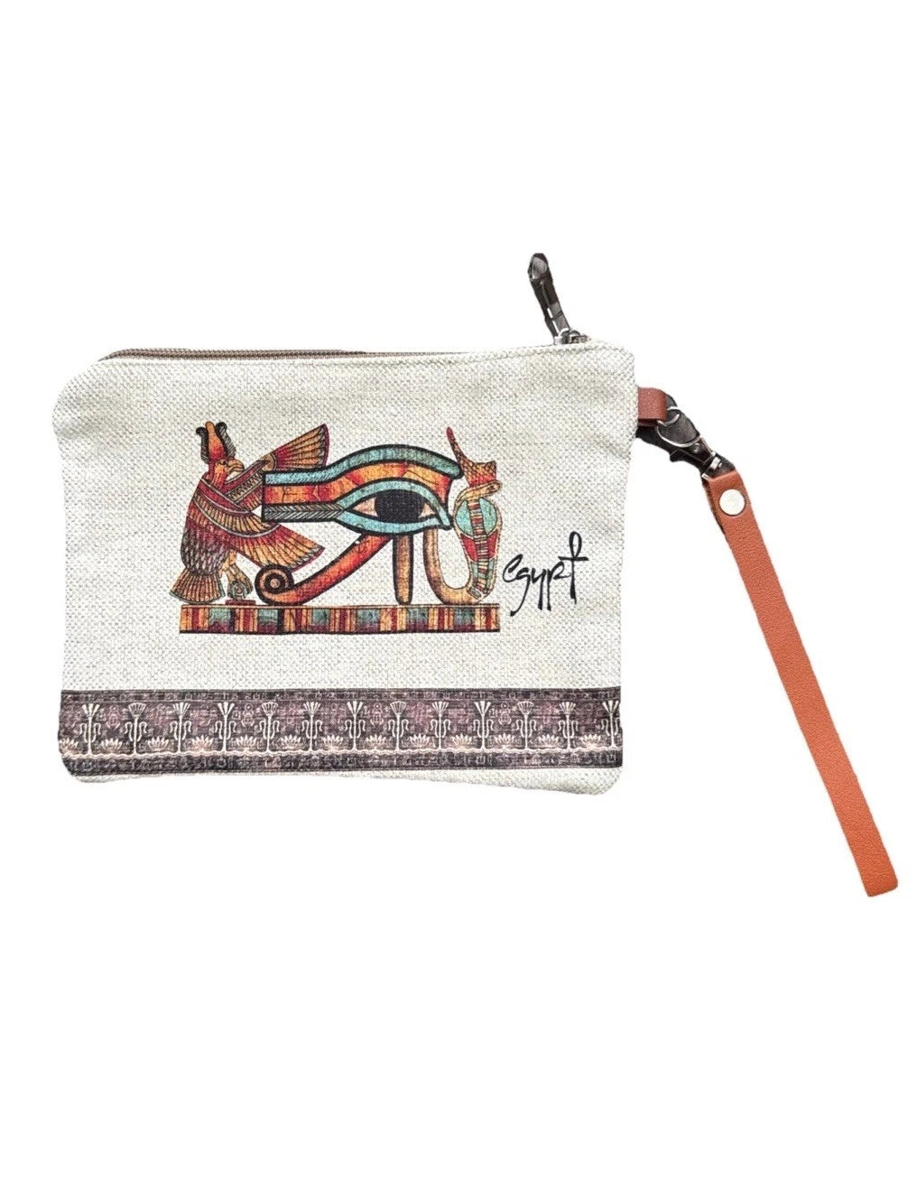 Beige Egyptian Horus Eye Canvas Wristlet Hand Wallet