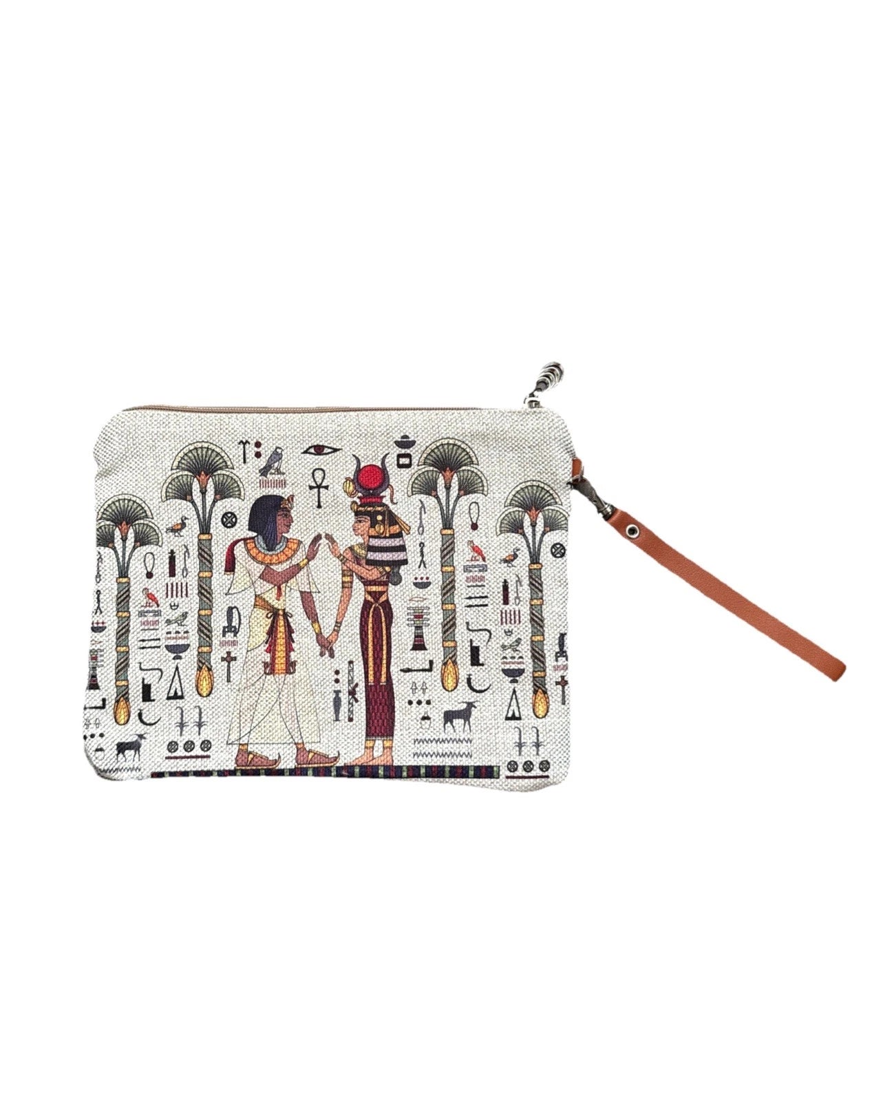 Beige Egyptian Pharaonic Canvas Medium Wristlet Hand Wallet
