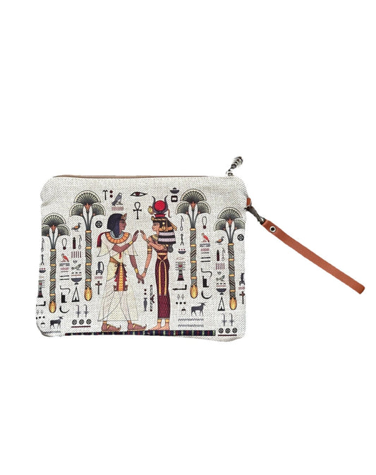 Beige Egyptian Pharaonic Canvas Medium Wristlet Hand Wallet