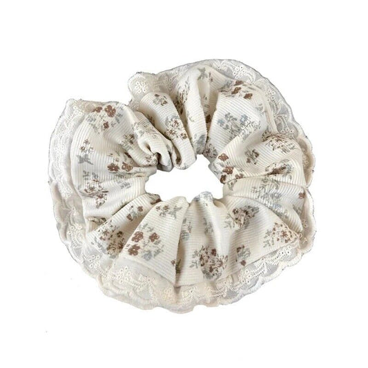 White Velvet Brown And Light Blue Floral Hair Scrunchie