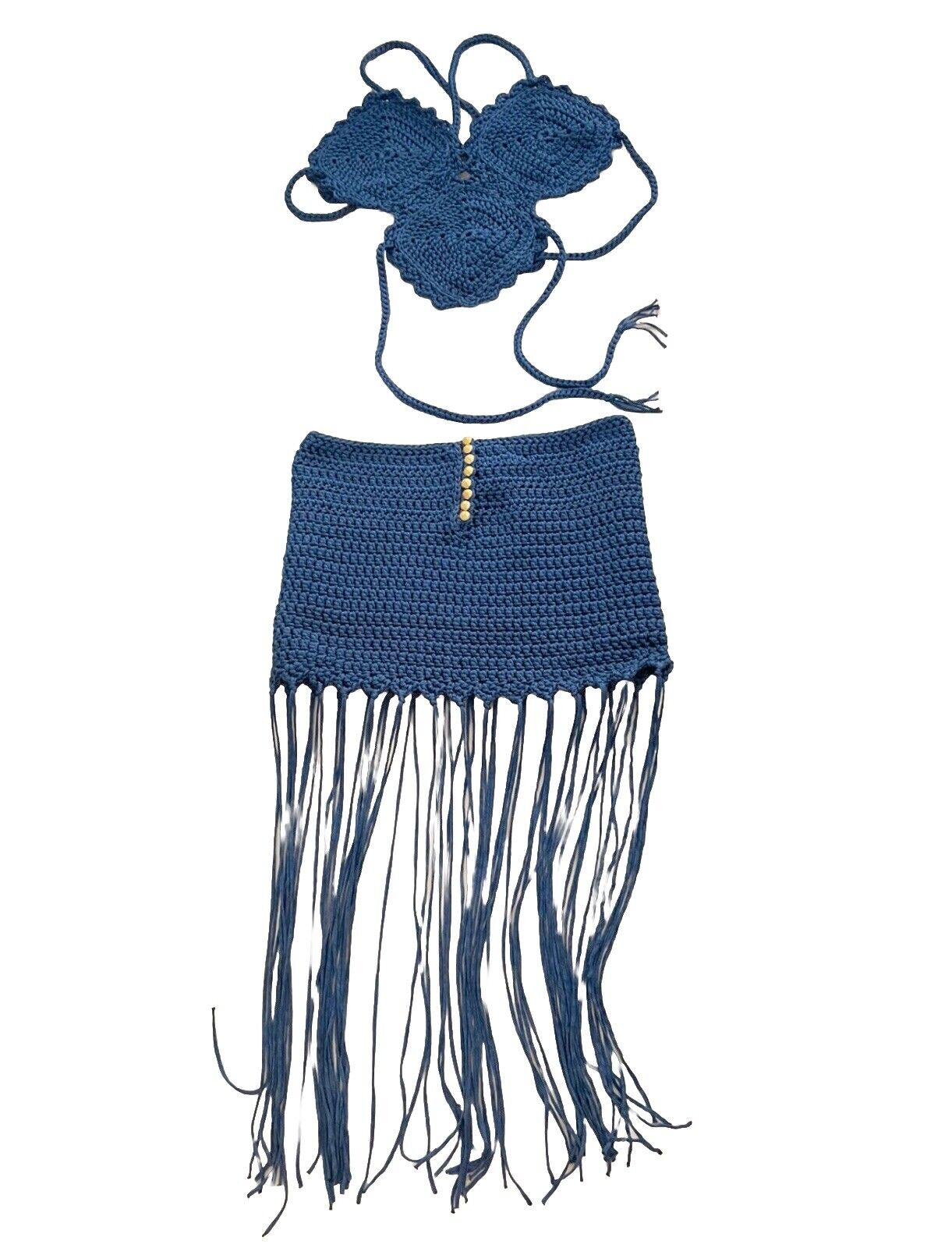 Navy Blue Handmade Crochet Top And Fringed Skirt Set