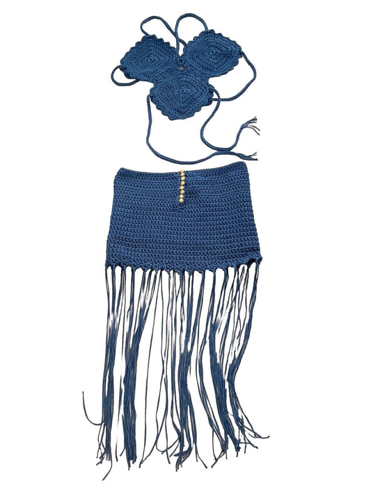 Navy Blue Handmade Crochet Top And Fringed Skirt Set