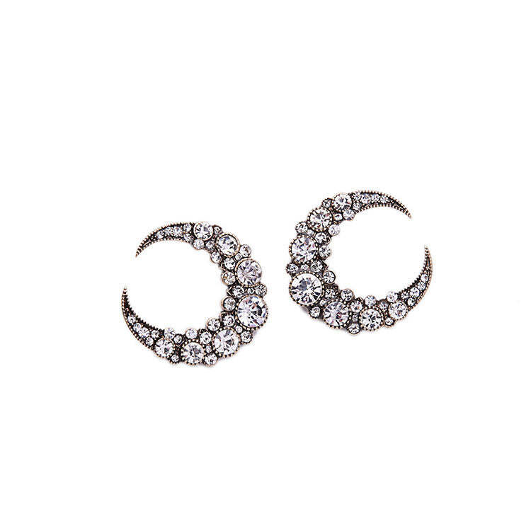Rhinestones Silver Moon Stud Earring