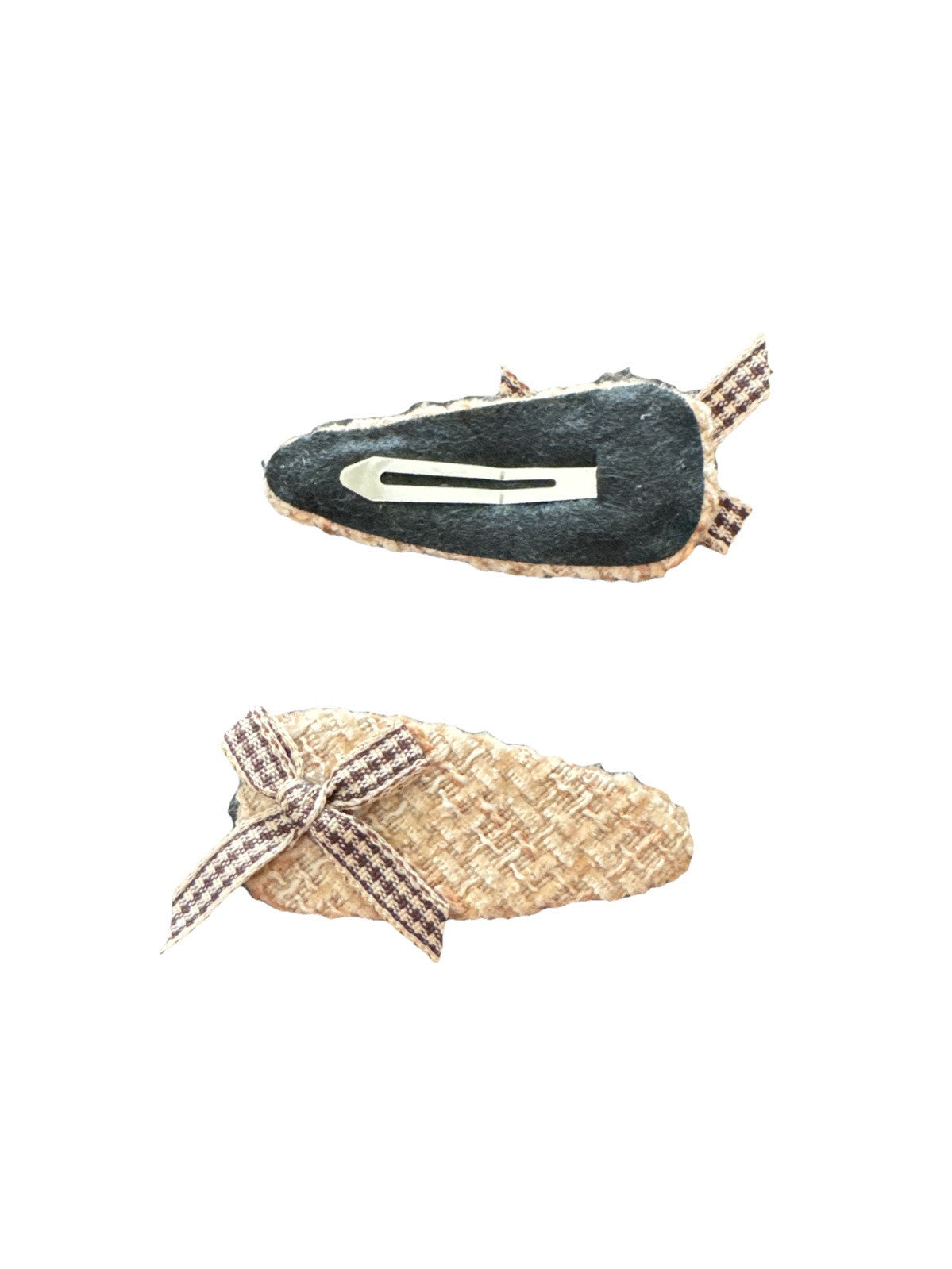 Beige Oval Plaid Bow Crochet Fabric 2 Piece Hair Clip Set