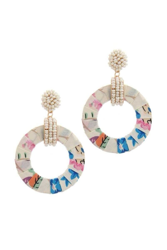 White And Colorful Resin Beaded With Floral Fabric Drop hoop/ Round Earrings