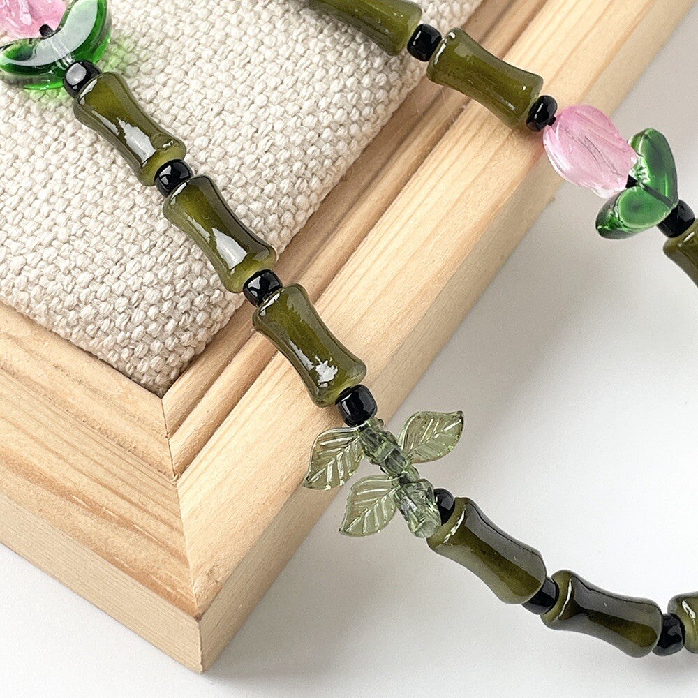Green Pink Acrylic And Glass Bamboo Style Mobile Phone Chain/holder