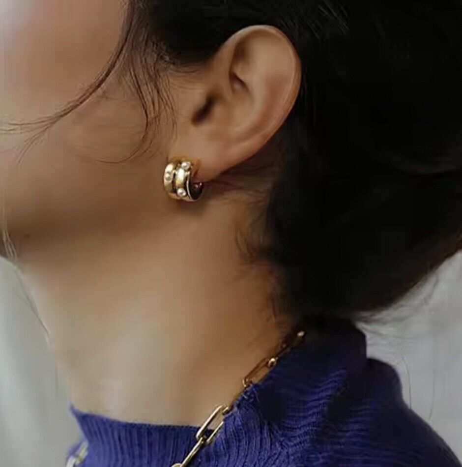 Gold Plated Stainless Steel Pearls Mini Hoop Earring