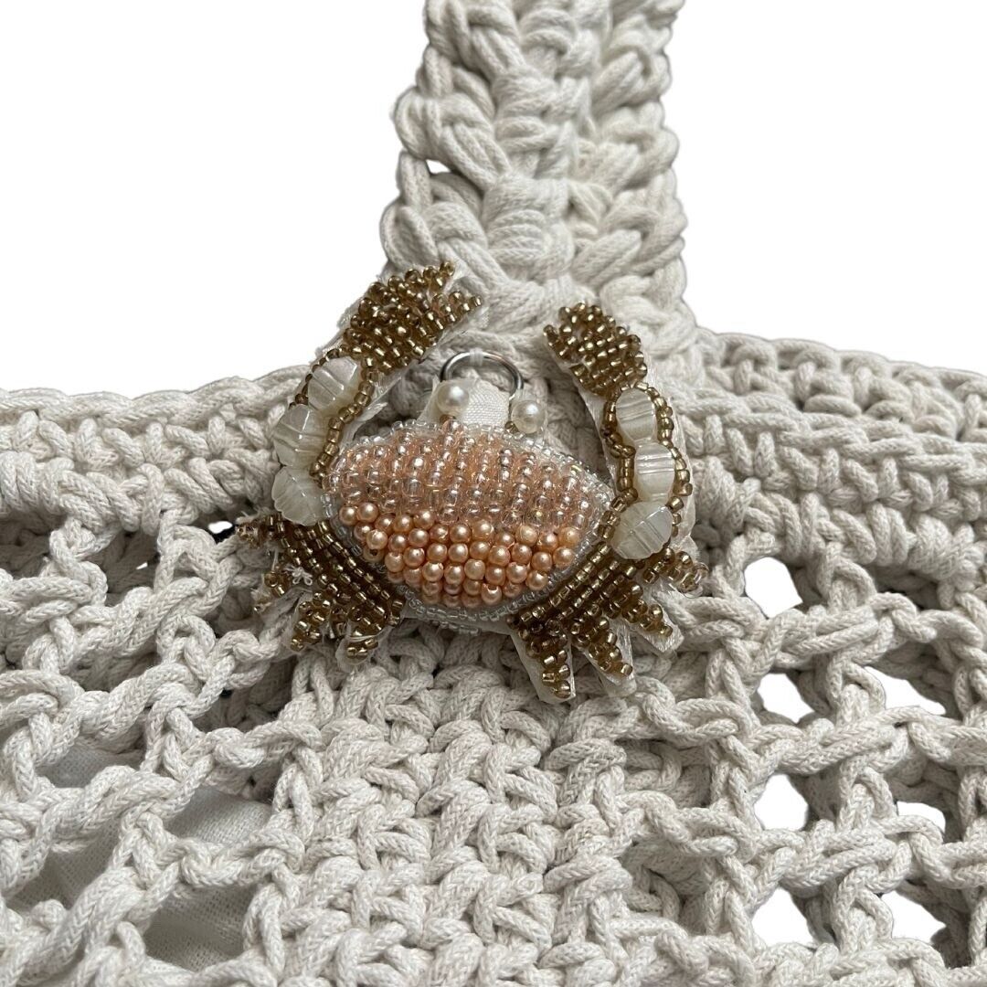White Handmade Crochet With Beaded Crab Charm Beach Bag