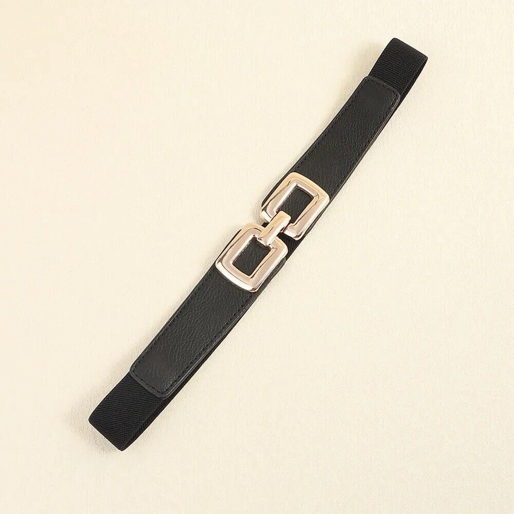 Black And Gold Square Buckle Adjustable Elastic Band Women’s Belt