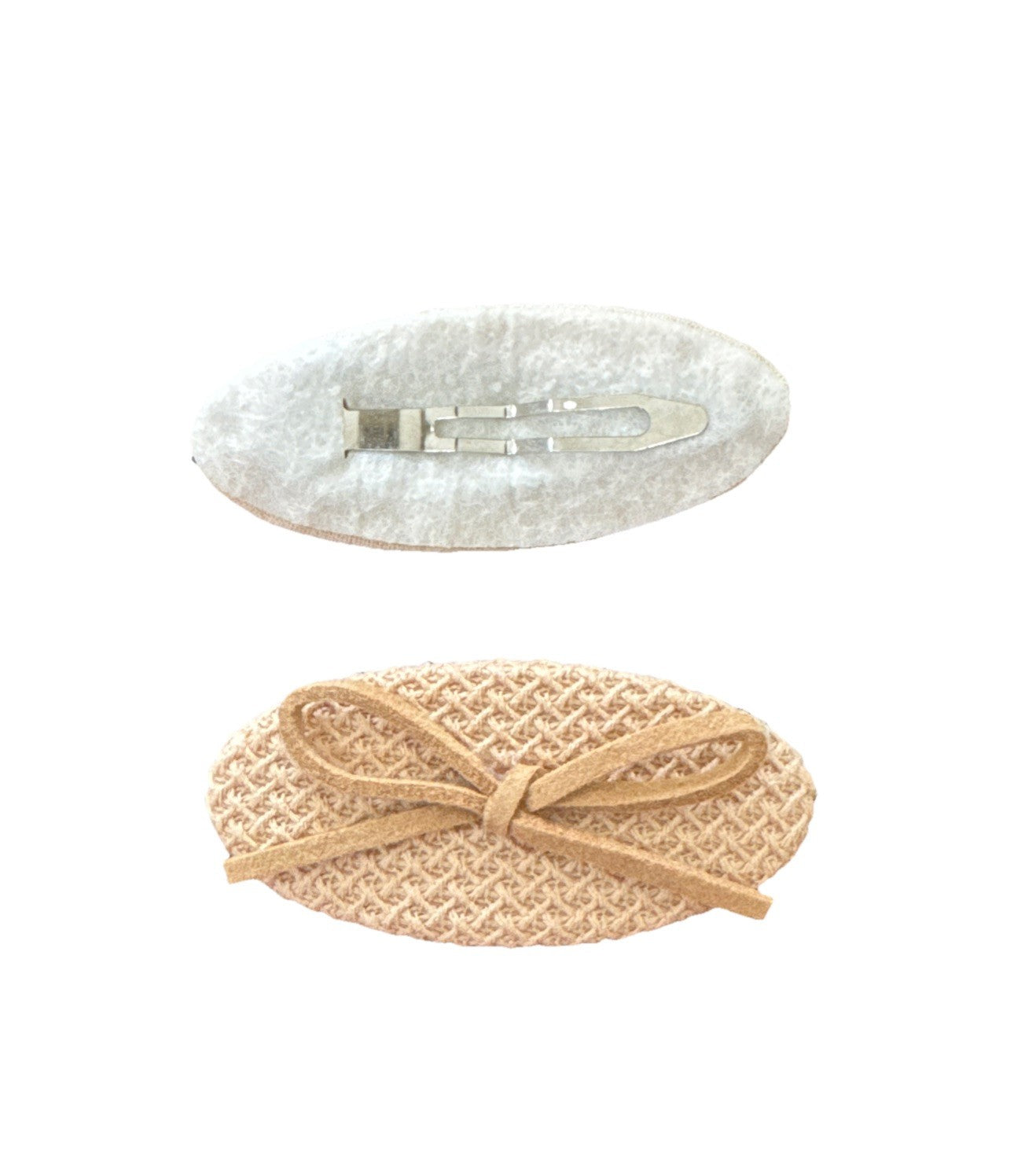 Beige Oval Embroidered Floral Bow Crochet Fabric 2 Piece Hair Clip Set
