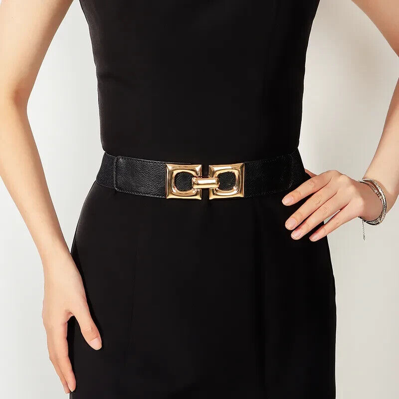 Black And Gold Squared Edges Square Buckle Adjustable Elastic Band Women’s Belt