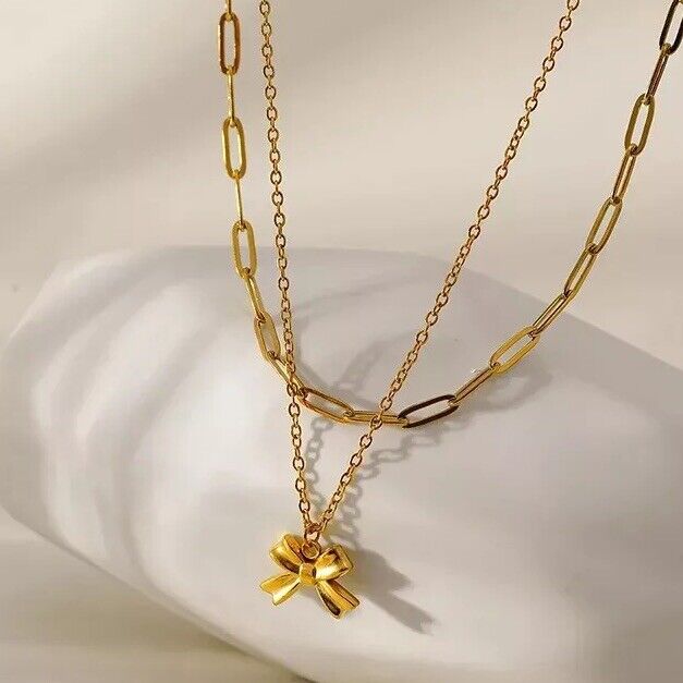 Gold Plated Stainless Bow Pendant Double Chain Necklace