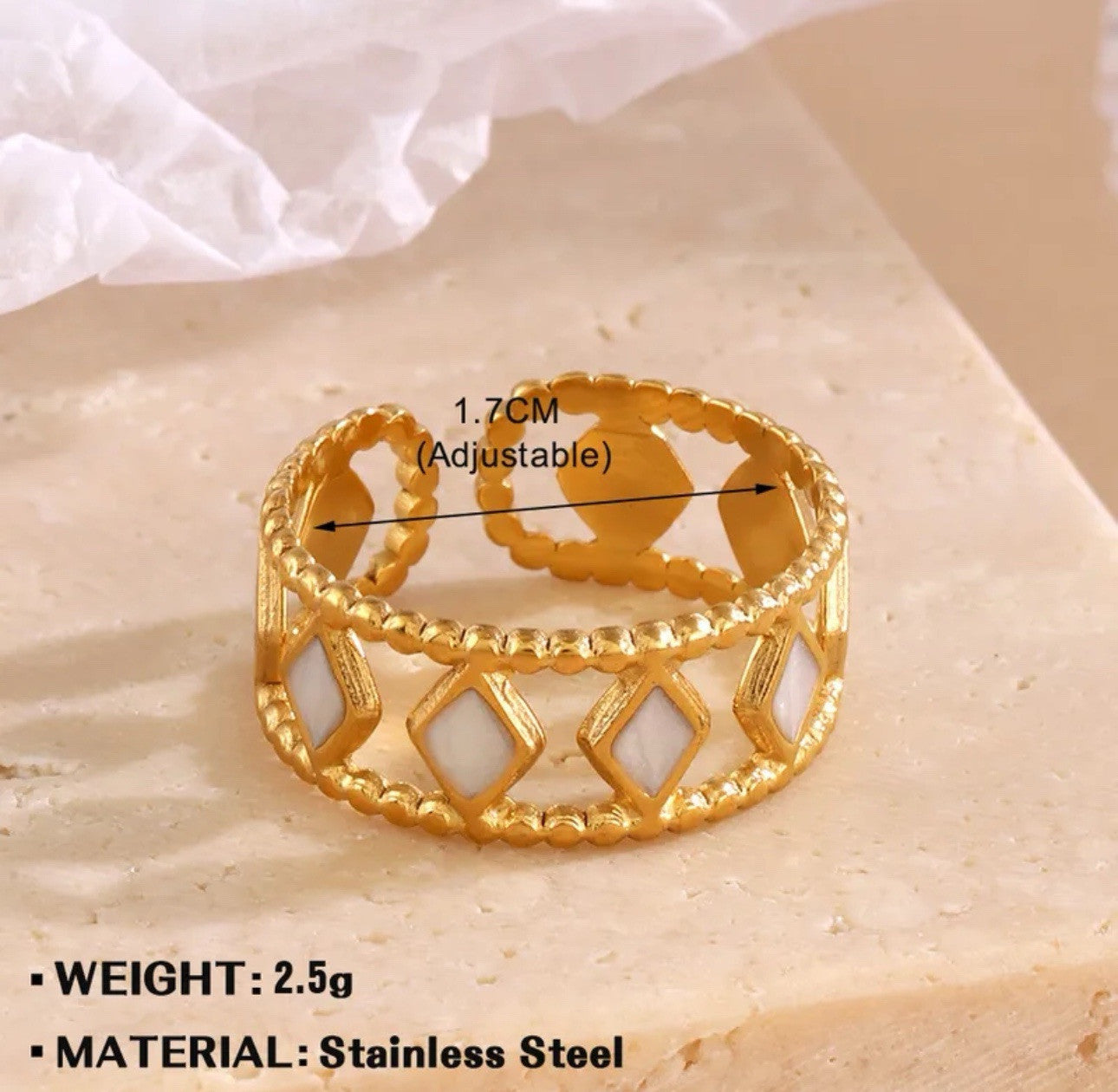 Gold White Stone Diamond Shapes Stainless Steel Adjustable Ring